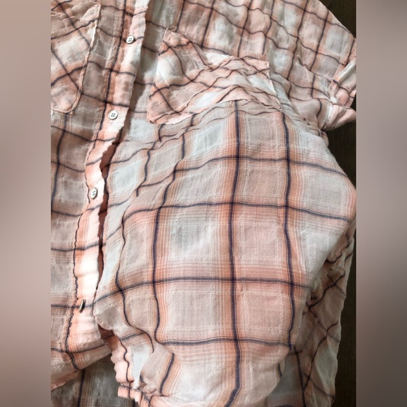 Bella Dahl Women’s S Orange/White Rolled Short-Sleeve Semi-Sheer Button-Down Top - Picture 4 of 9